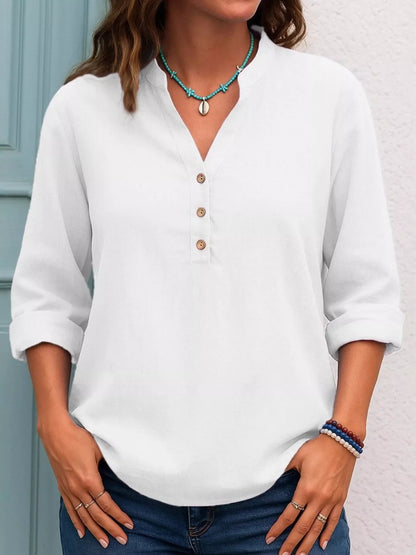 Full Size Button Detail Notched Long Sleeve Blouse Plus Size