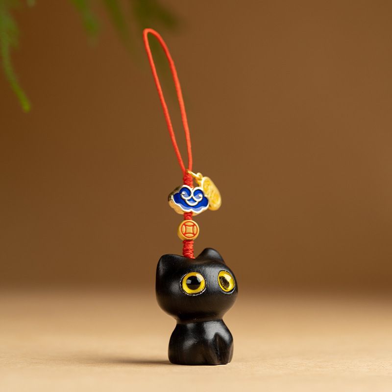 Ebony-carved Cat Car Keychain Pendant Cute