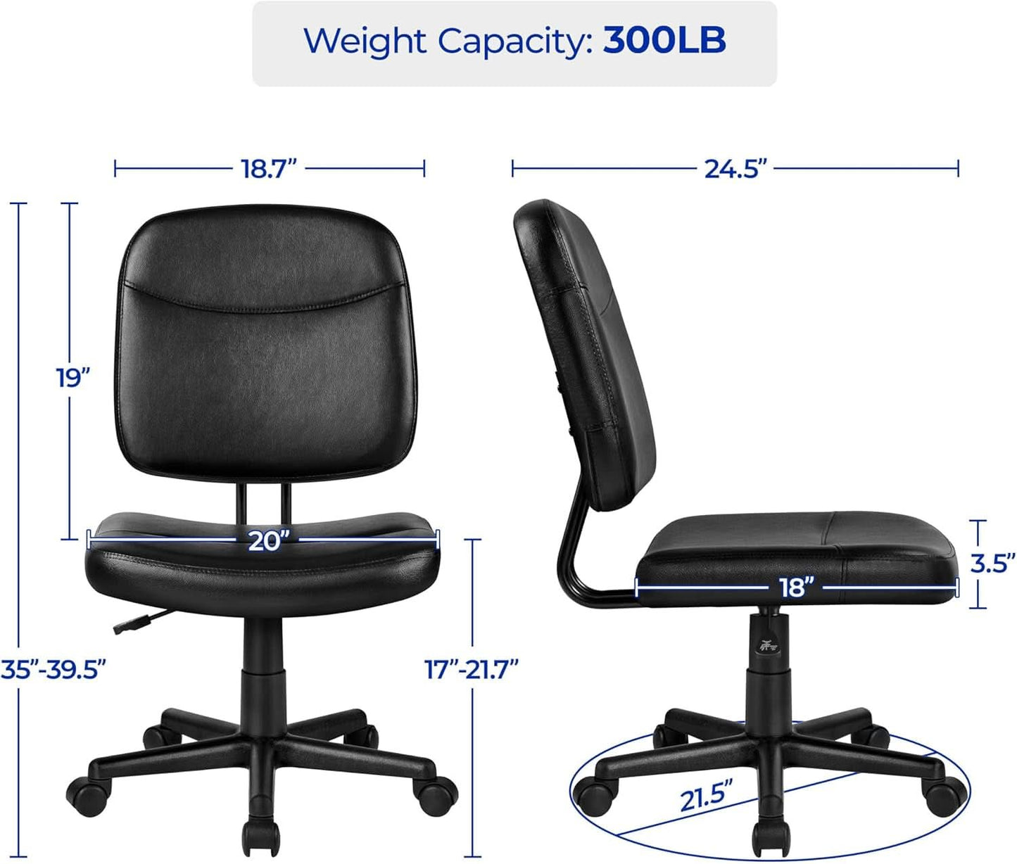 Armless Ergonomic Office Chair Black PU Leather Swivel
