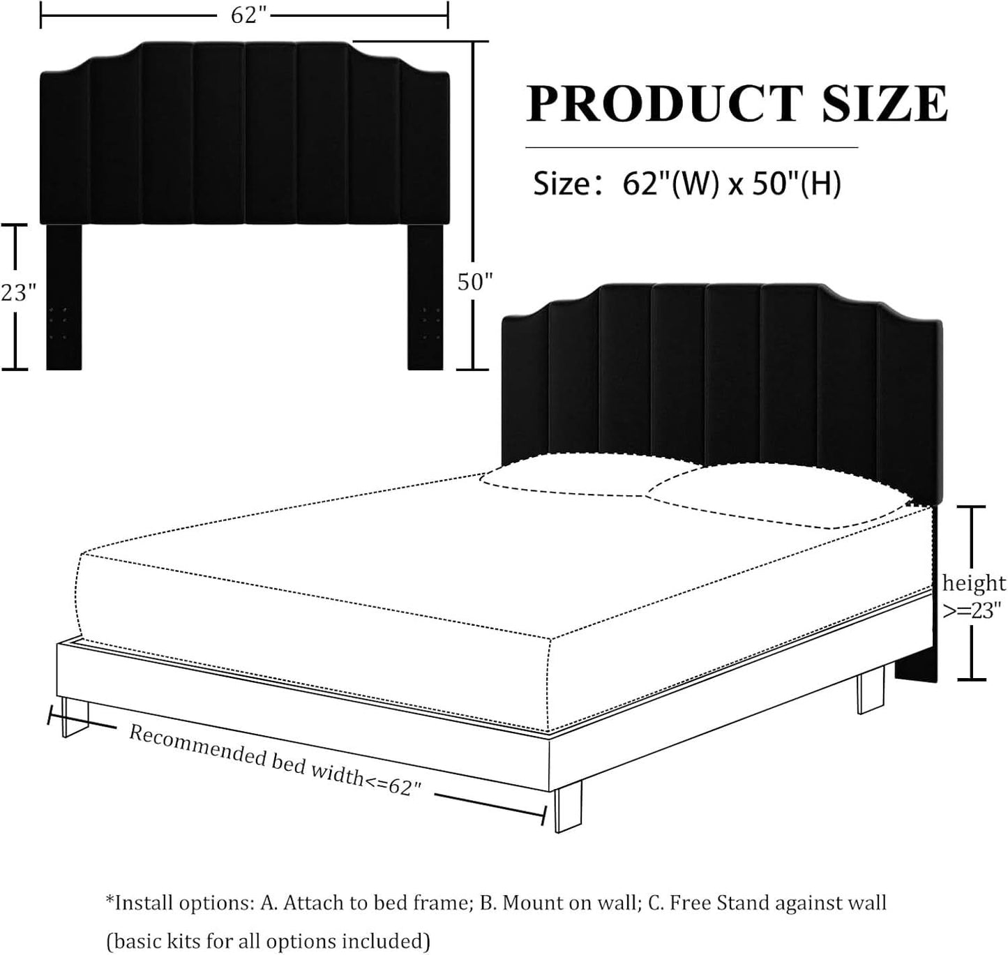 Velvet Wall Mounted Queen Size Headboard with Tufted Design