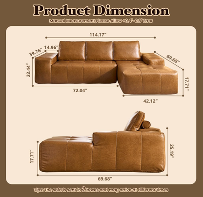 Sectional Sofa L-Shape Faux Leather Brown 3 Seat with Chaise 114 In