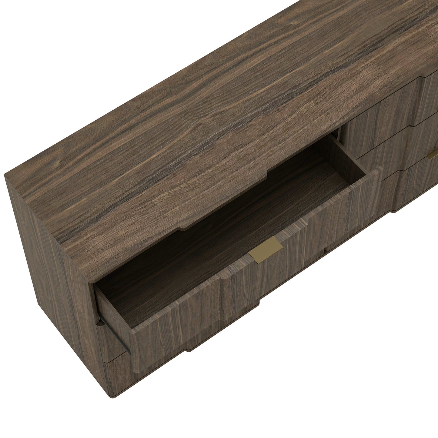 Dresser Modern 6-Drawer Walnut Gold MDF Sculpted Fronts Metal Handles 72 In