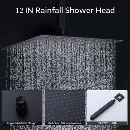 Matte Black All Metal Tub Shower Faucet Set with 12in Rain Shower Head, Wall