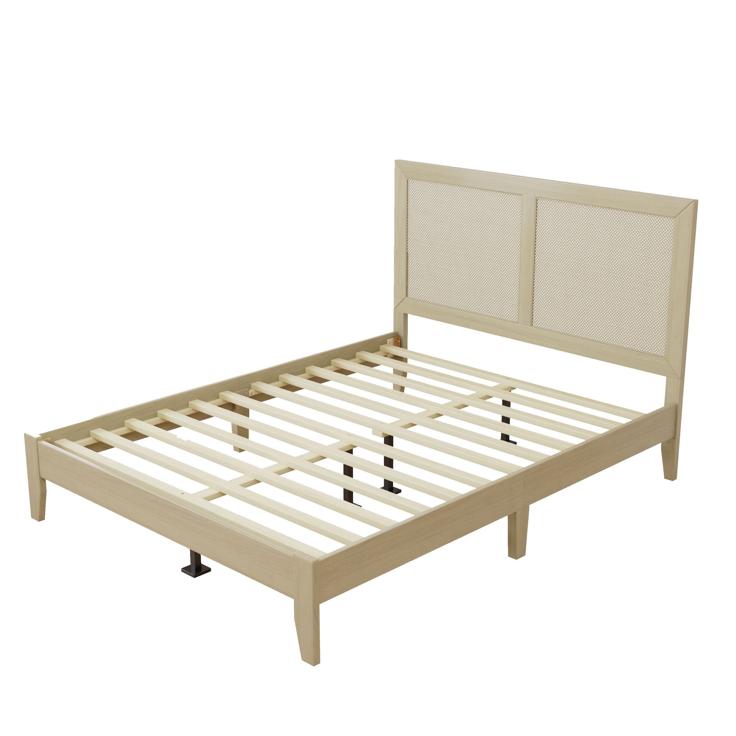 Solid Wood Platform Queen Bed With Rattan
