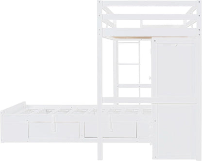 White Twin Over Twin Bunk Bed With Drawers And Wardrobe
