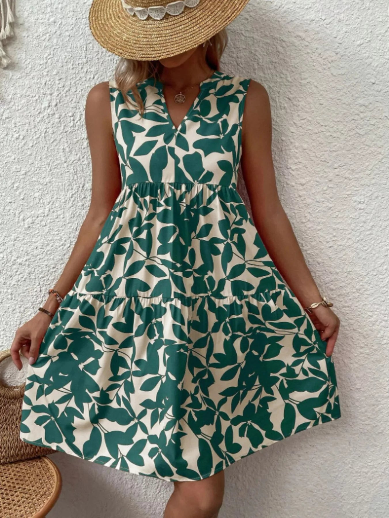 Full Size Printed Notched Sleeveless Mini Dress Plus Size