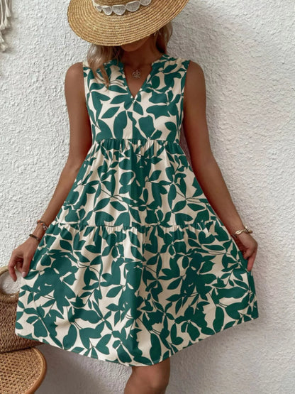 Full Size Printed Notched Sleeveless Mini Dress Plus Size
