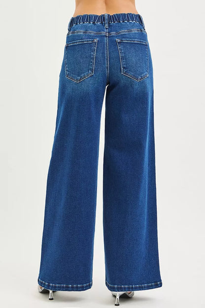 RISEN Full Size Mid Rise Wide Side Pintuck Jeans with Front Drawstring Plus Size