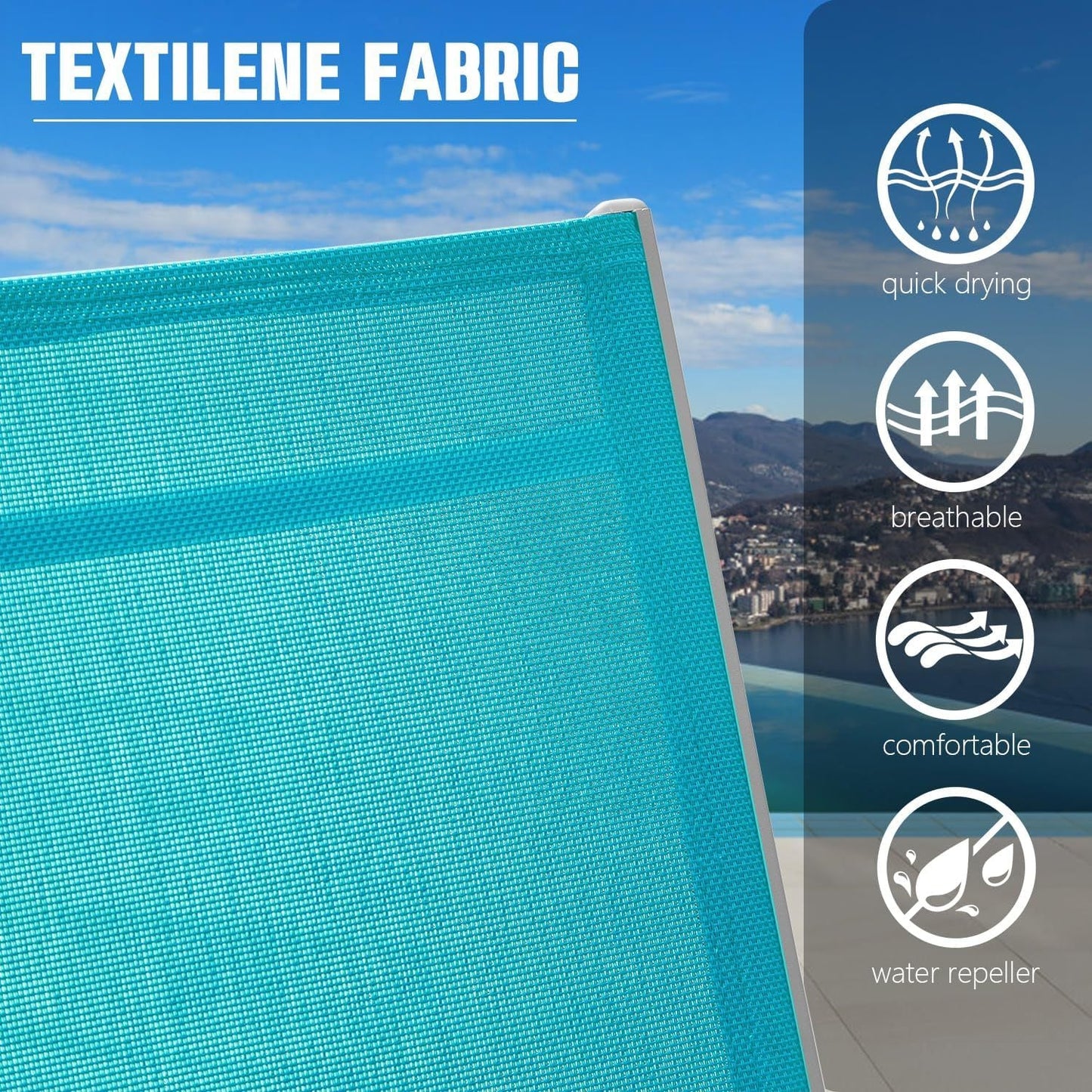 Outdoor Lounge Chair Aluminum Lake Blue Textilene 5 Position 350 LB