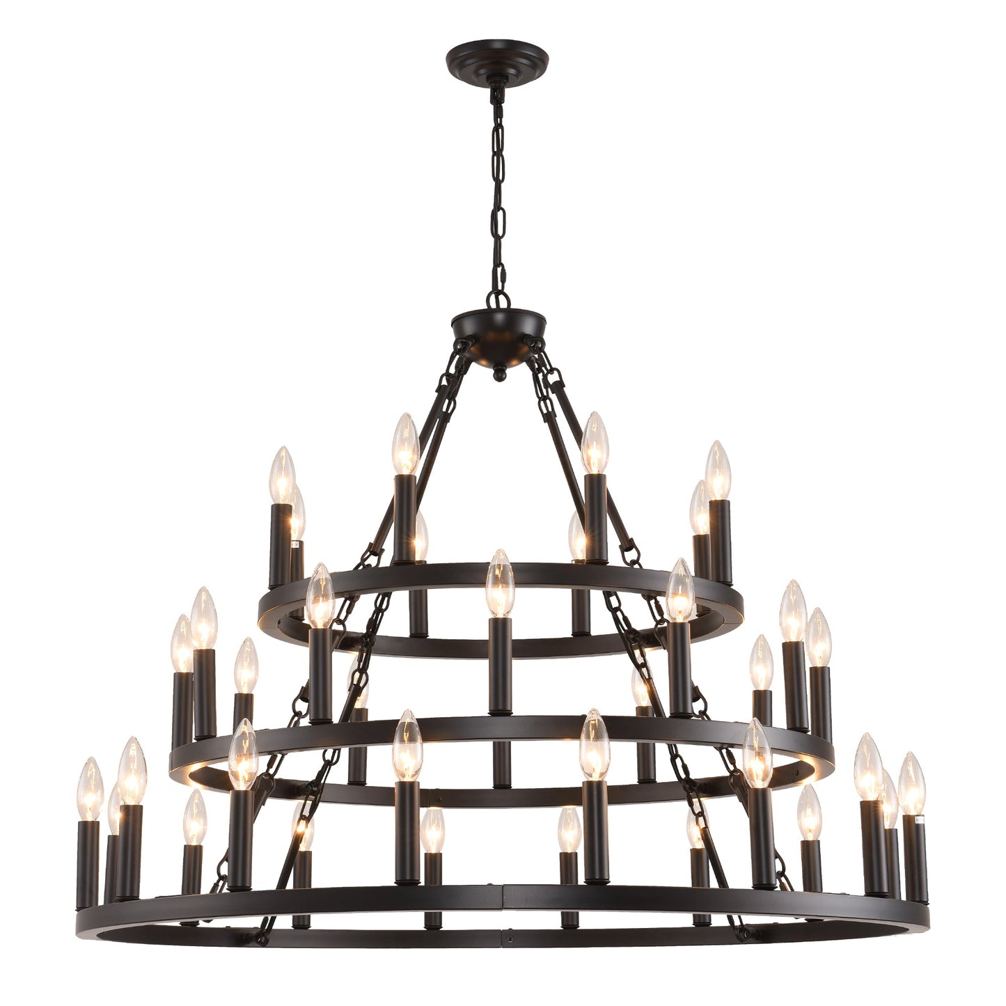 Chandelier Wagon Wheel 3-Tier 36-Light Black Metal 39.37 In Industrial