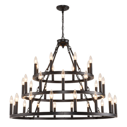 Chandelier Wagon Wheel 3-Tier 36-Light Black Metal 39.37 In Industrial