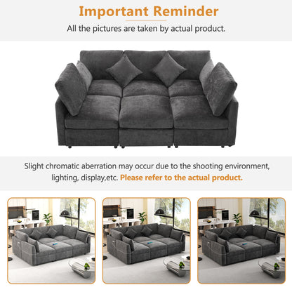 Sectional Sofa U-Shape Modular Chenille Black 5-Seat USB Ports 86.6x61.4 In