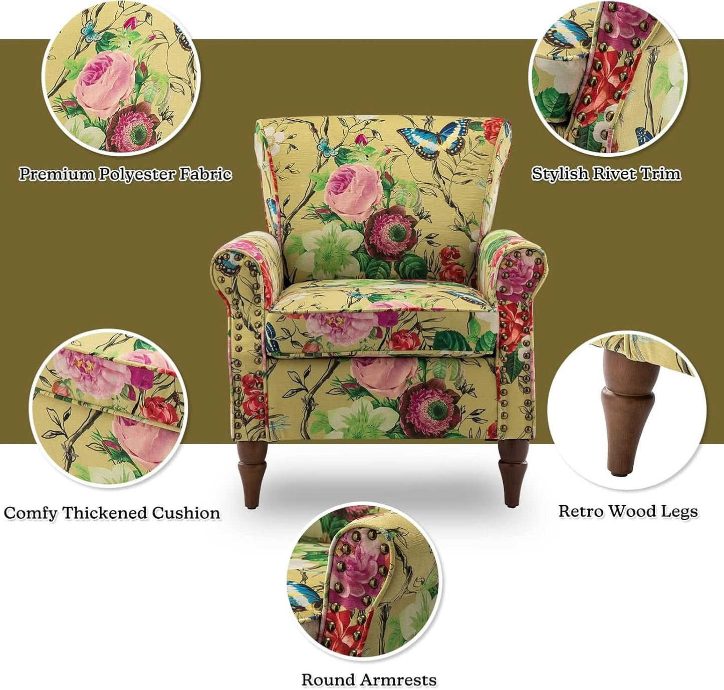 Mustard Floral Wingback Accent Chair With Solid Wood Legs