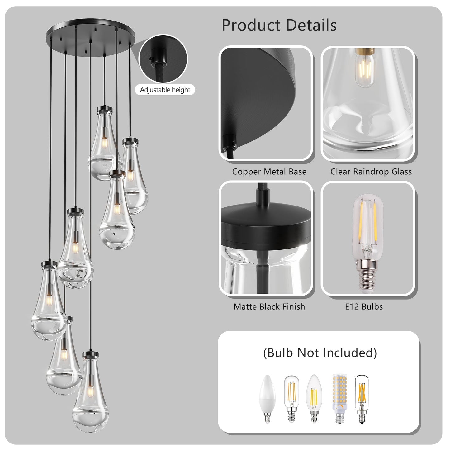 Chandelier 7-Light Pendant Adjustable Black Living Room Foyer Stairwell