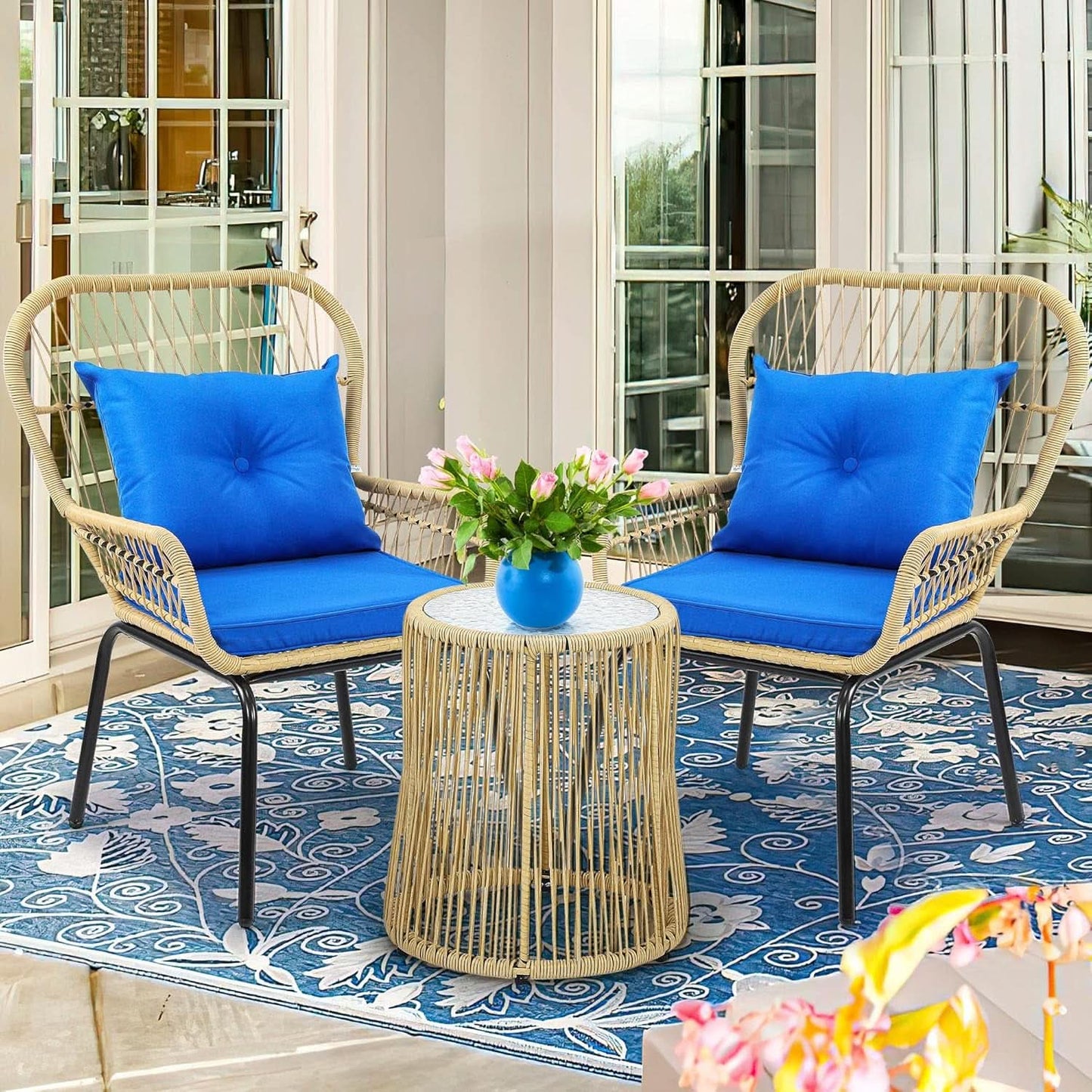 Outdoor Wicker Patio Bistro Set 3 Piece With Glass Table