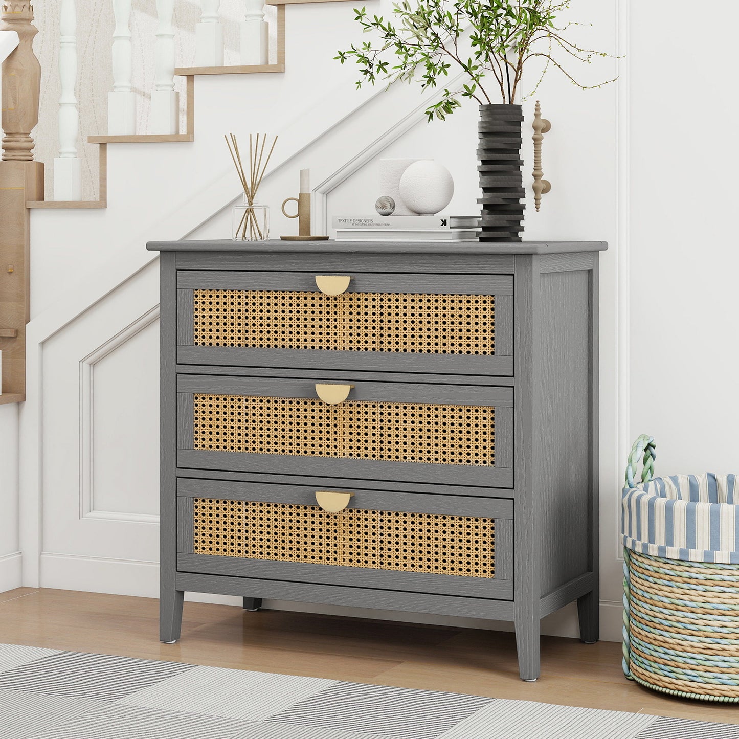 3-Drawer Cabinet - Natural Rattan - Suitable for Bedroom, Living Room, or Study