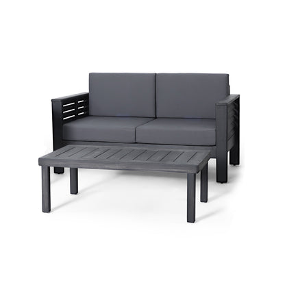 Outdoor Patio Set Acacia Wood Gray 2 Piece Loveseat Coffee Table Cushions