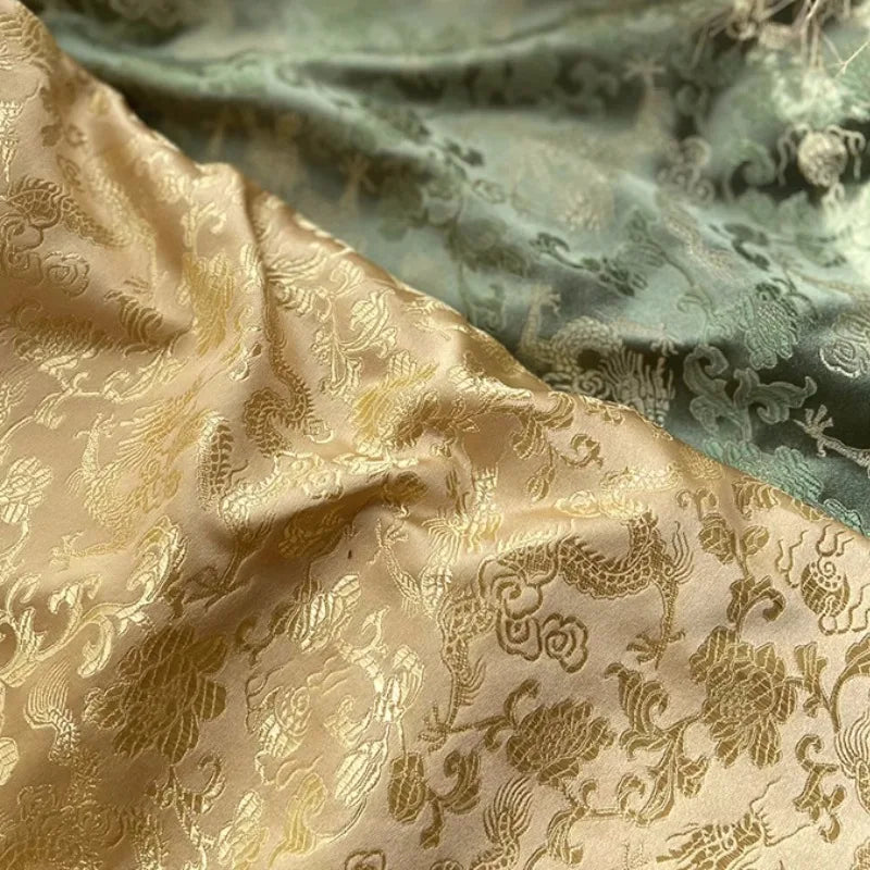 Dragon Brocade Jacquard Fabric – Chinese‑Style Qipao & Hanfu Rayon (Gold or Green)