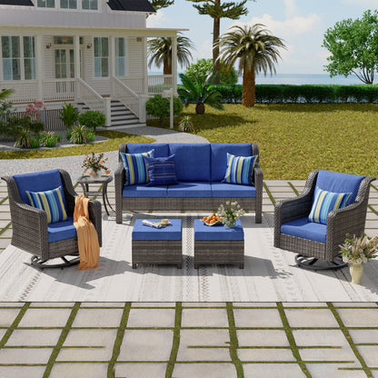 Outdoor Patio Set PE Rattan Swivel Chairs Gray Blue