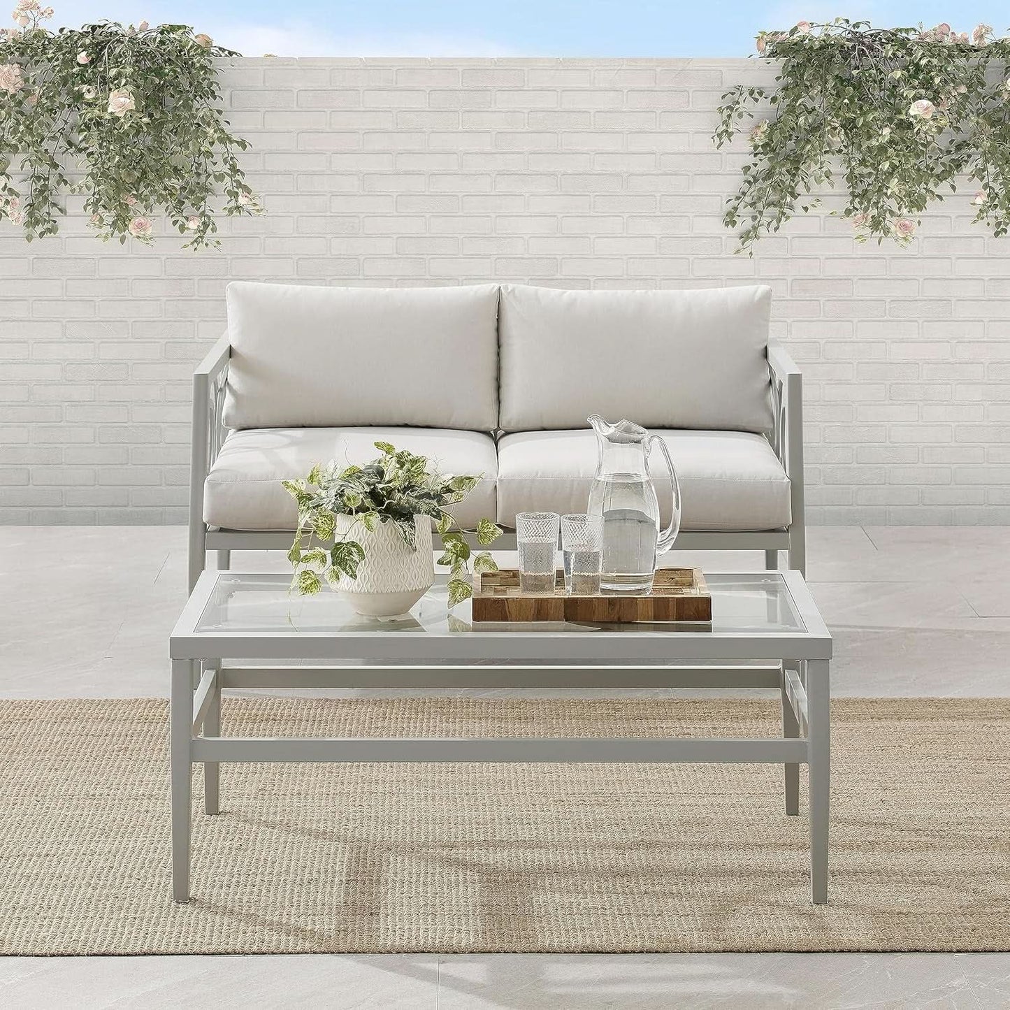 2 Piece Outdoor Coffee Table And Loveseat Set Gray Frame Creme Cushions