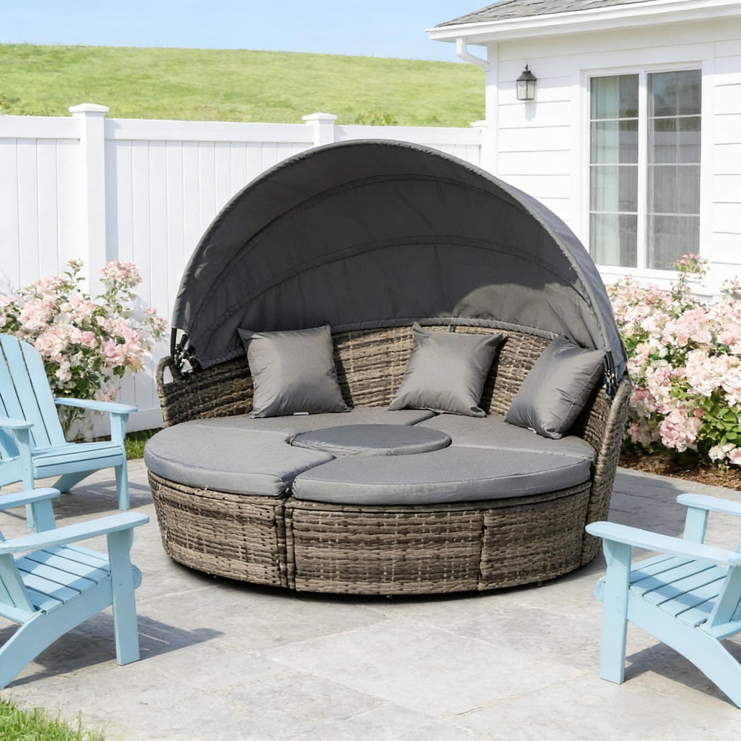 Outdoor Round Daybed Set PE Rattan Dark Gray 4 Piece Canopy 352 lb Cap