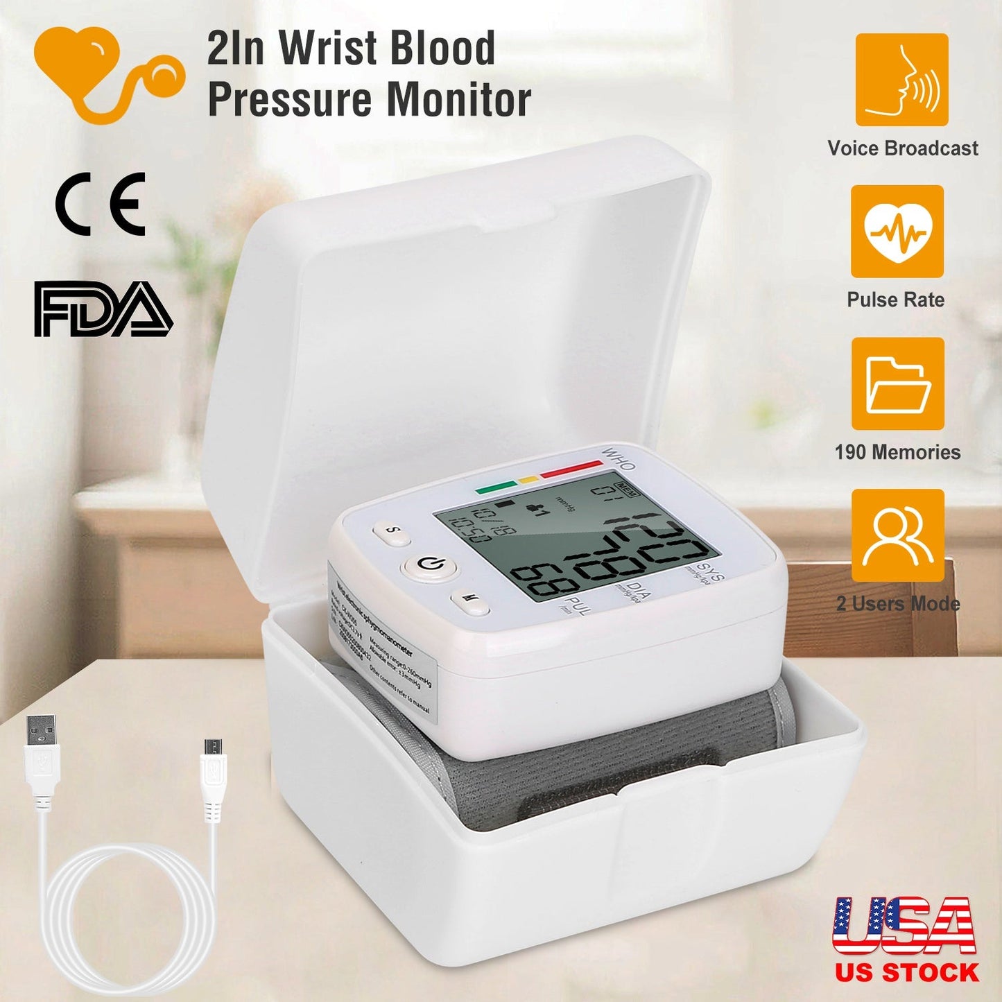 Blood Pressure Monitor Wrist Digital High Blood Pressure Cuff Heartbeat Tester w/ 90x2 Reading Memory 2In LCD Screen Storage Box