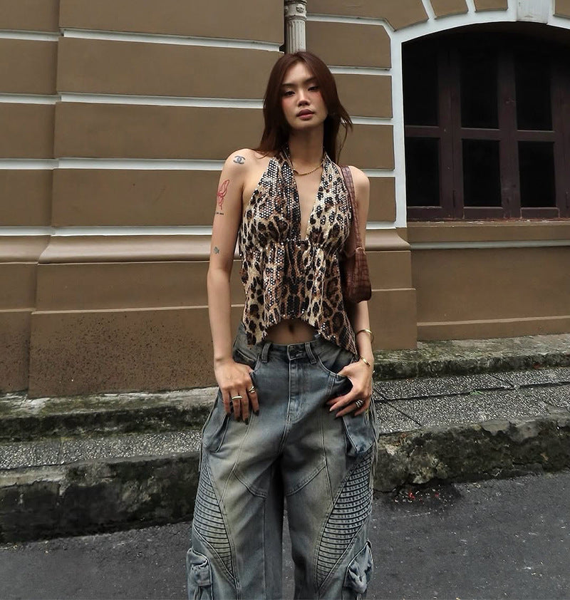 Elegant Halter-neck Backless Sequin Leopard-print V-neck Tank Top