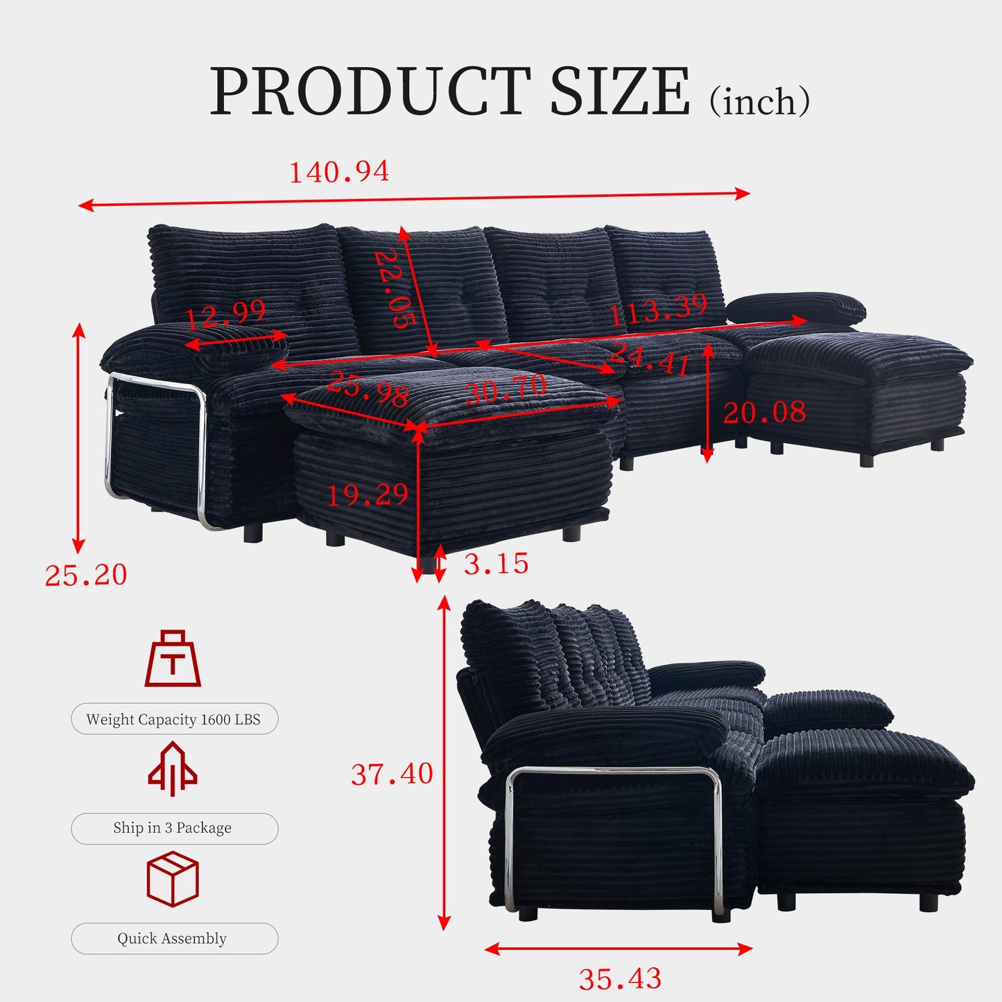 Sectional Sofa U-Shape Modular Corduroy Black 6-Seat with 2 Ottomans 140.94 In