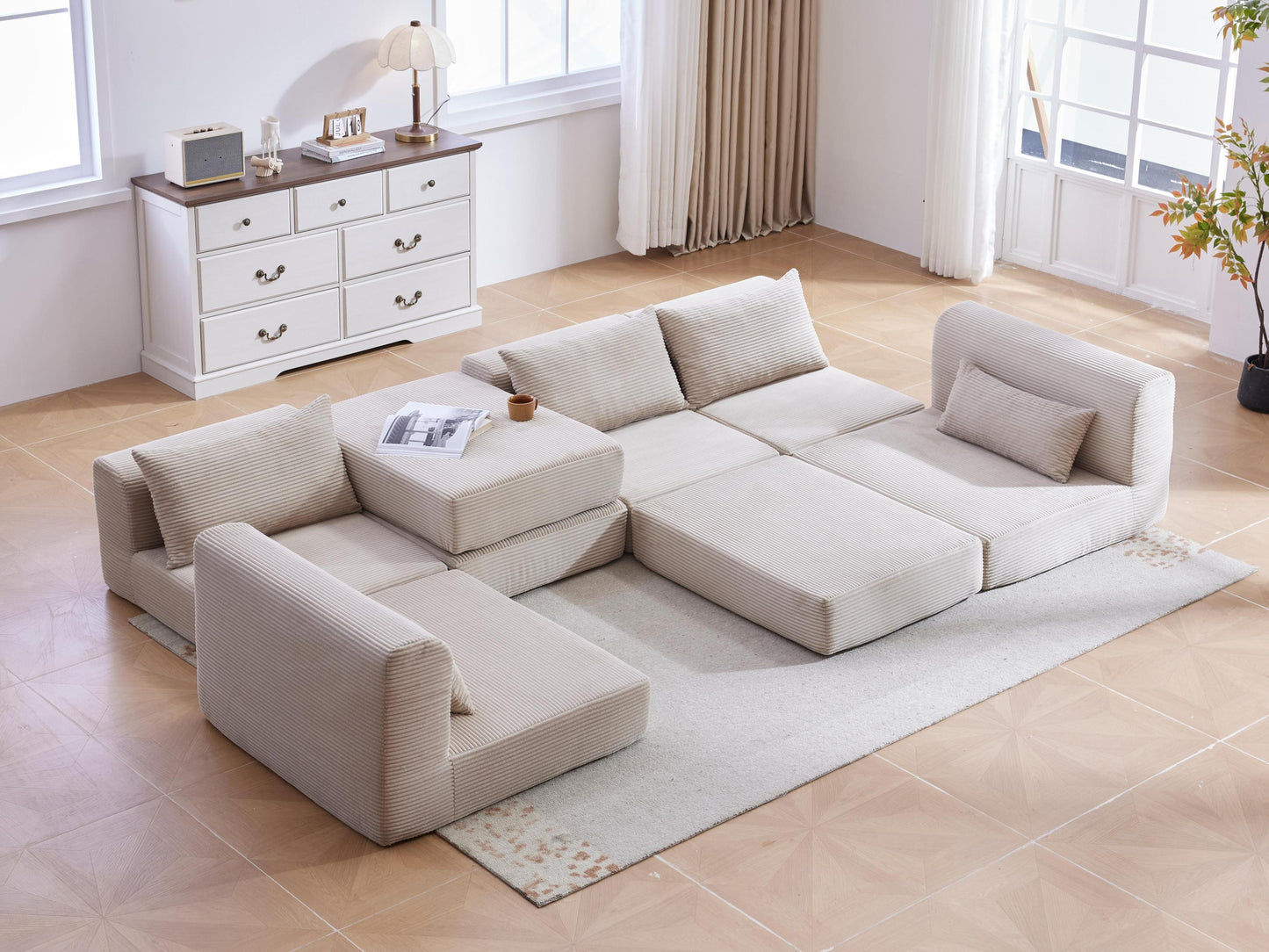 Sectional Sofa L-Shape Fabric Camel 4 Seat 100 In 5 Pillows No Assembly