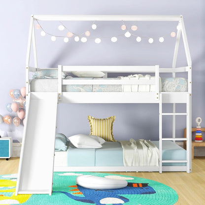 Twin Over Twin House Bunk Bed With Slide Solid Wood