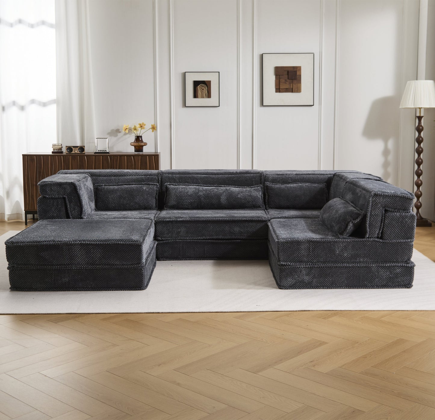 Sectional Sofa Modular Circle Fleece Dark Gray 4 Seat Ottoman 157 In