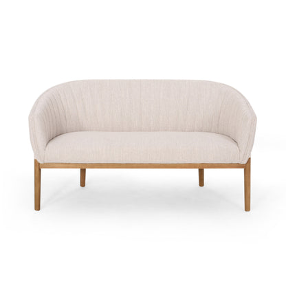 Loveseat Mid-Century Modern Channel Stitched Fabric Beige Rubberwood Legs 55 In
