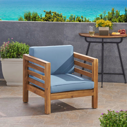 Outdoor Club Chair, Acacia Wood Patio Chair with Fabric Cushion, Teak Frame Blue Cushion