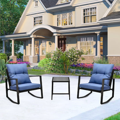 Outdoor Bistro Set Wicker Iron Blue 3 Piece Rocking Chairs Cushions Seats 2