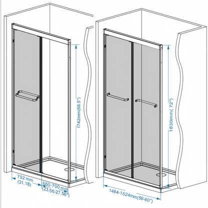 Modern Matte Black Aluminum Frame Double Sliding Shower Door, 56-60in x 72in