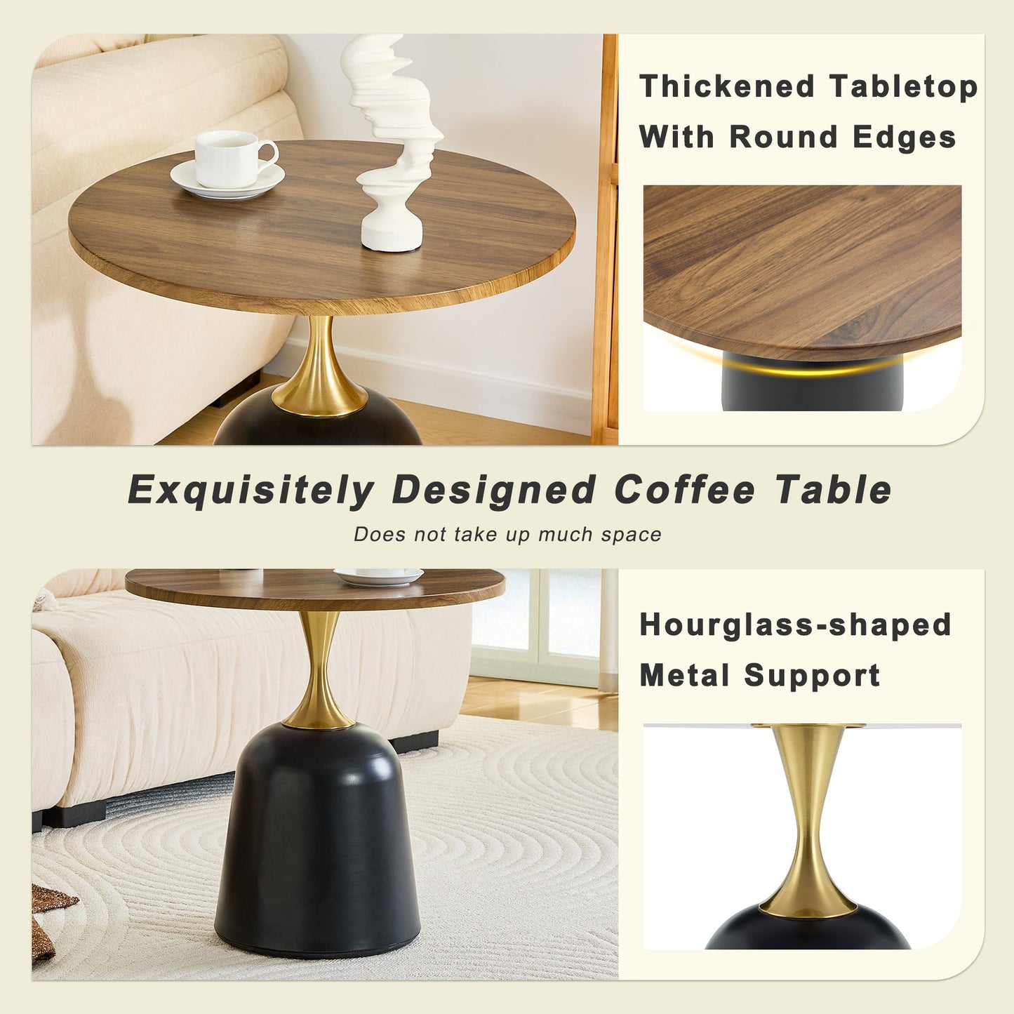 23.6 in Round Side Table, Metal Base, Walnut Wood Grain, Living Room Office