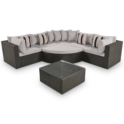 Outdoor Wicker Sofa Set Brown 7 Piece Colorful Pillows Seats 6
