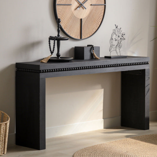 64" Black Console Table with Beaded Trim | Modern Entryway & Sofa Table Engineered Wood, Elegant Black Finish