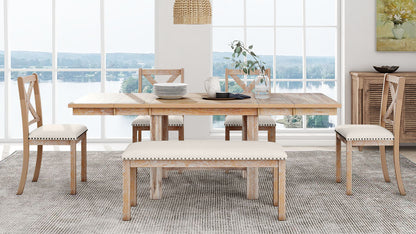 Farmhouse 82inch 6-Piece Extendable Dining Table with Footrest, 4 Upholstered