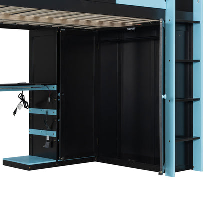 Full Size Wood Loft Bed with Desk, Multi-storage Shelves, USB and RGB Light