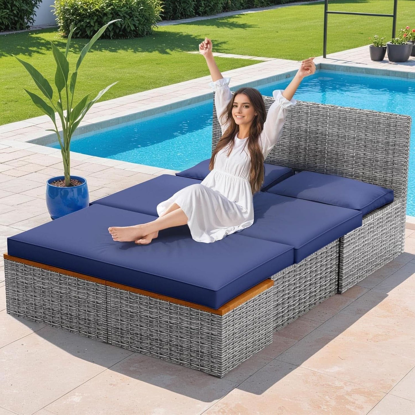 Comfortable Multifunctional Outdoor Day Bed with Side Tables