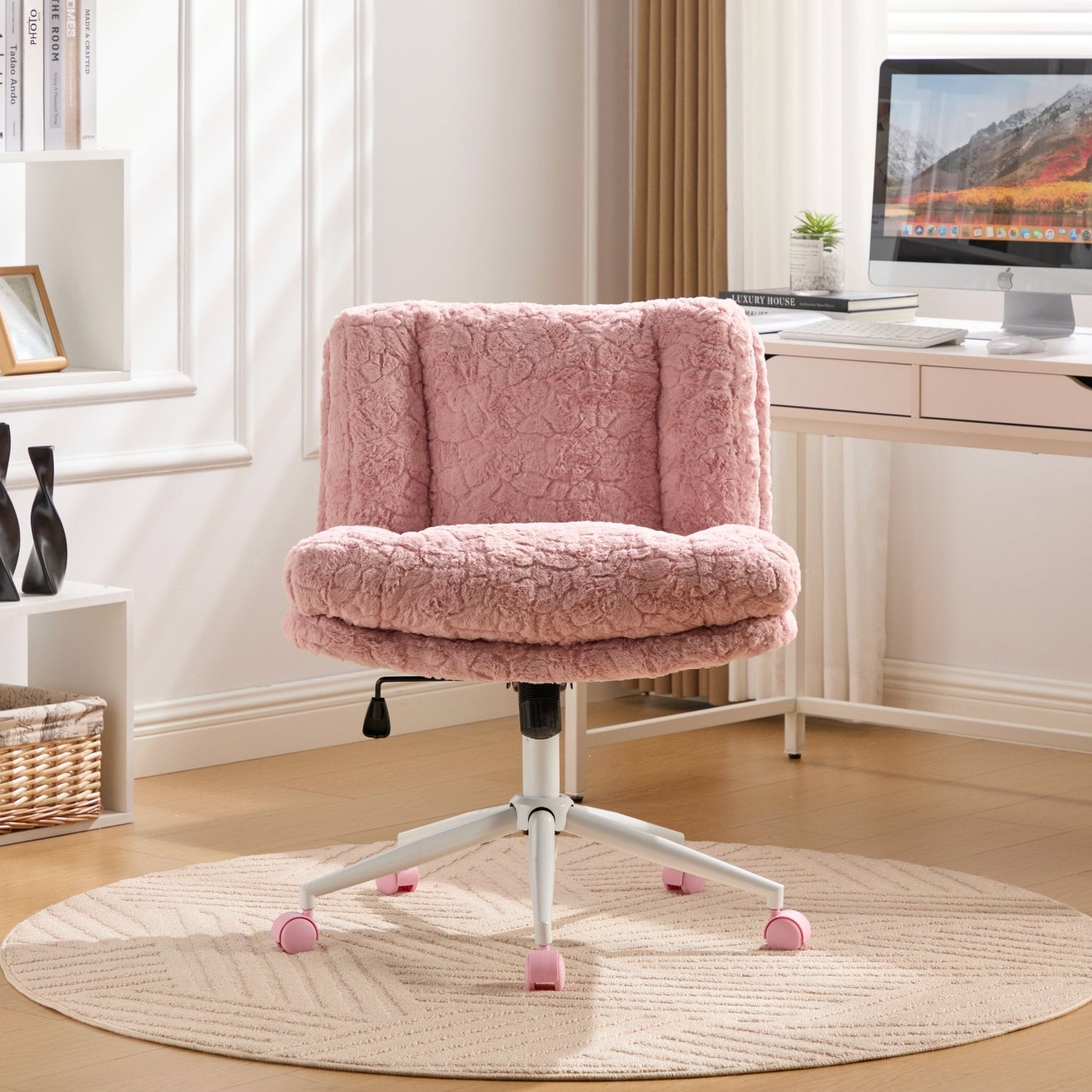 Swivel Chair Faux Alpaca Pink Wide 26.4 In Seat 360 Degree Height Adjust