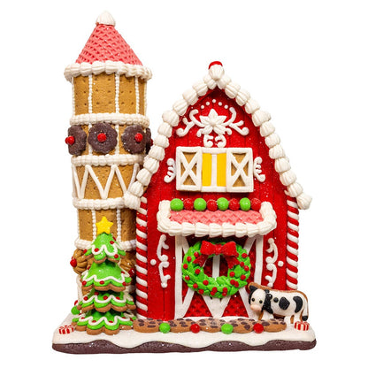 Lighted Gingerbread Barn and Silo - 12 Inches tall