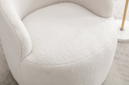 Accent Chair Swivel Barrel Teddy Fabric Ivory Black Ring Base 360 Degree 250 LB