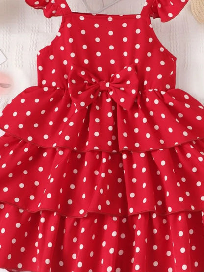 Bow Polka Dot Square Neck Layered Dress