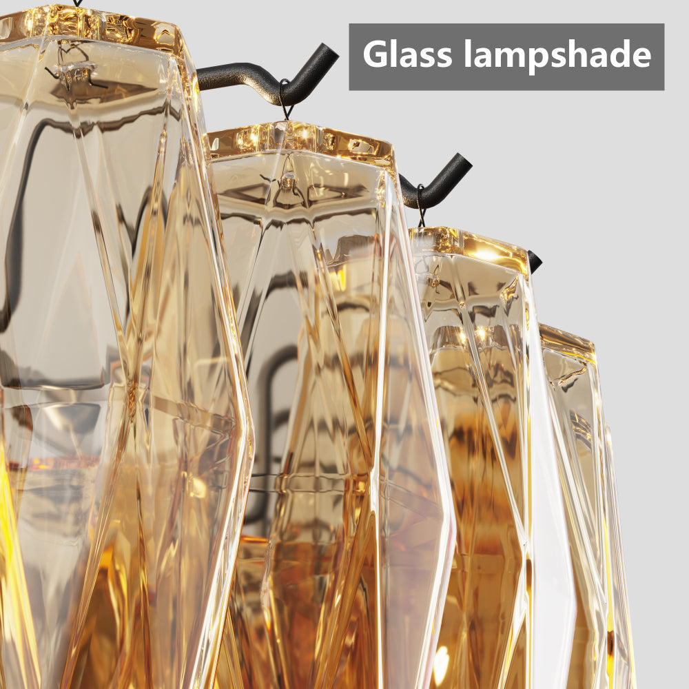 Tiered Smoke Glass Chandelier | 14-Light Round or 12-Light Rectangular, Brushed Black or Gold Metal Frame — 37" or 54", Dimmable