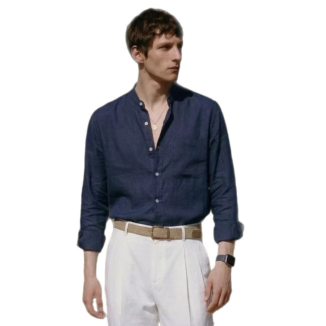 Mens Solid Color Loose Fit Casual Linen Shirt Top