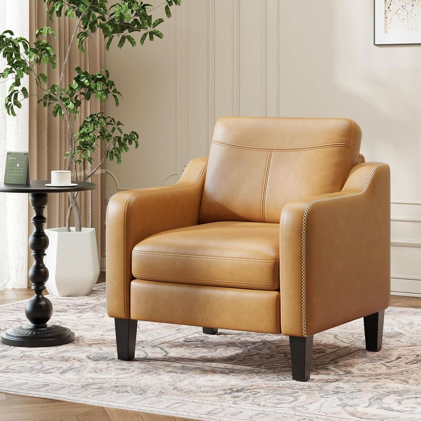 Brown PU Leather Accent Armchair With Removable Cushions