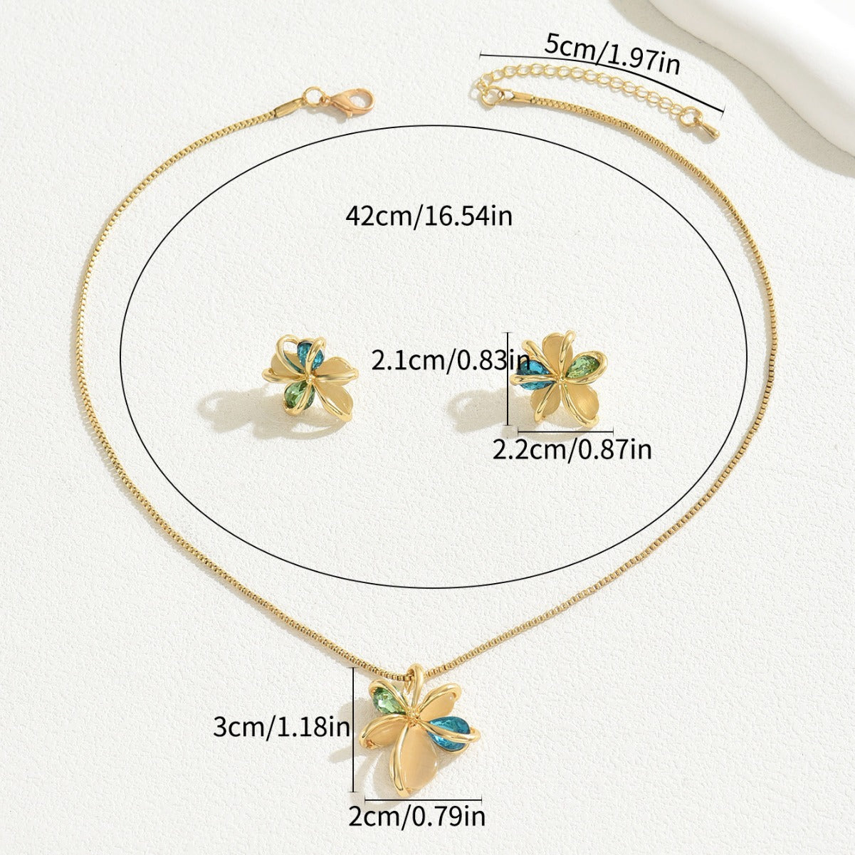 Niche Literary Vintage Elegant Women Jewelry Set, Baroque Floral Design Inlaid Synthetic Gemstone, Matching Stud Earrings & Clavicle Chain