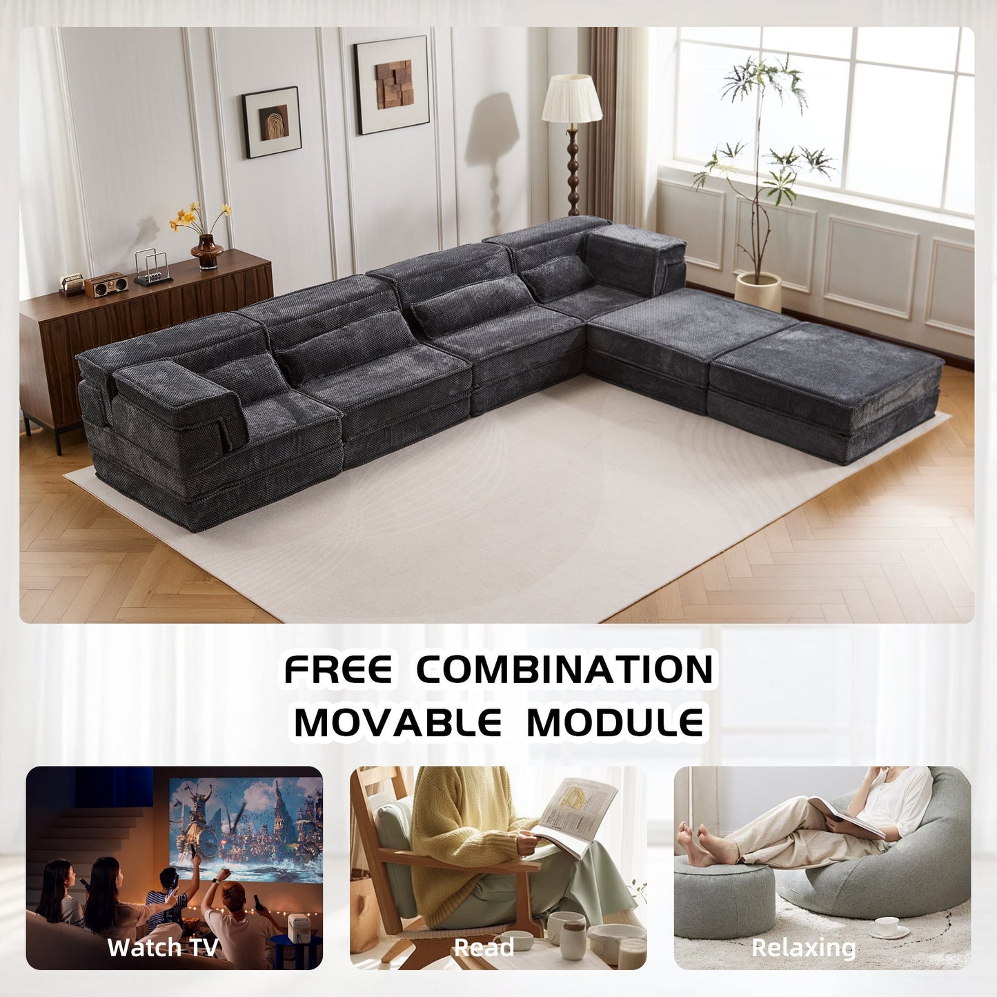 Sectional Sofa Bed Modular Circle Fleece Dark Gray 4 Seat 157 In Convertible